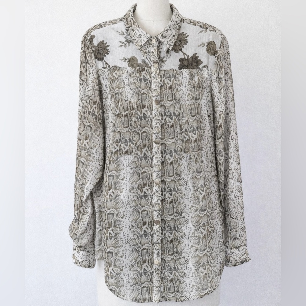 Olive Hill Women’s Button Down L Snake Print Floral Sheer Long Sleeve Blouse Top